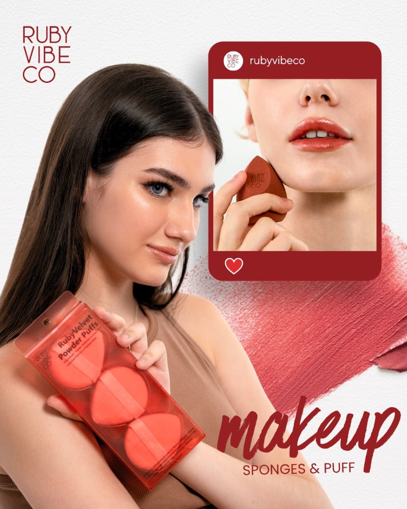 Ruby Vibe Co creator recruitment section featuring a beauty model holding lipstick, targeting UGC creators, beauty lovers, and skincare fans.