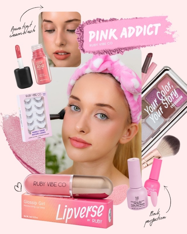 Ruby Vibe Co Pink Addict beauty poster with model, lip gloss, nail polish, lashes, and makeup tools.